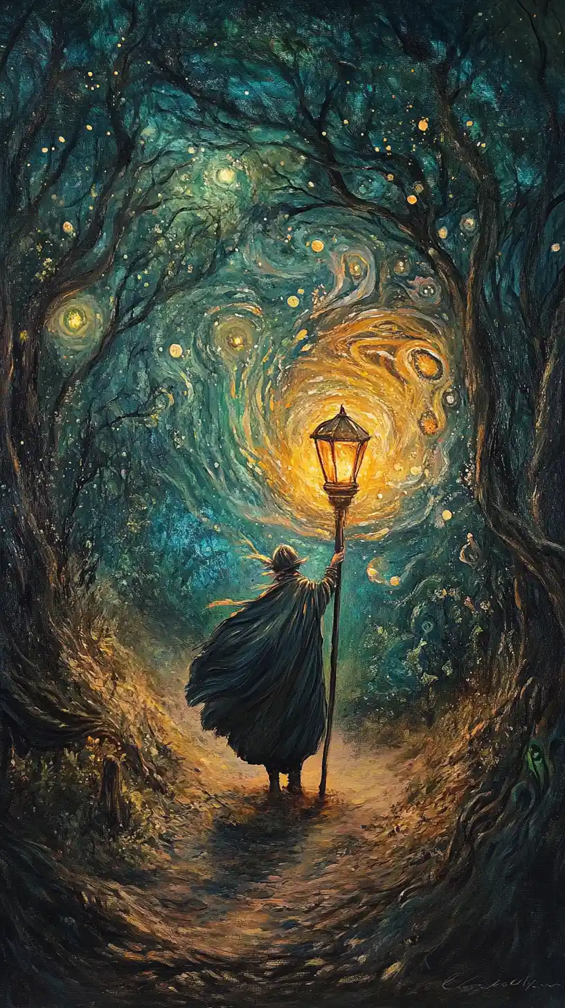 Woodland spirit with lantern painting a swirling forest