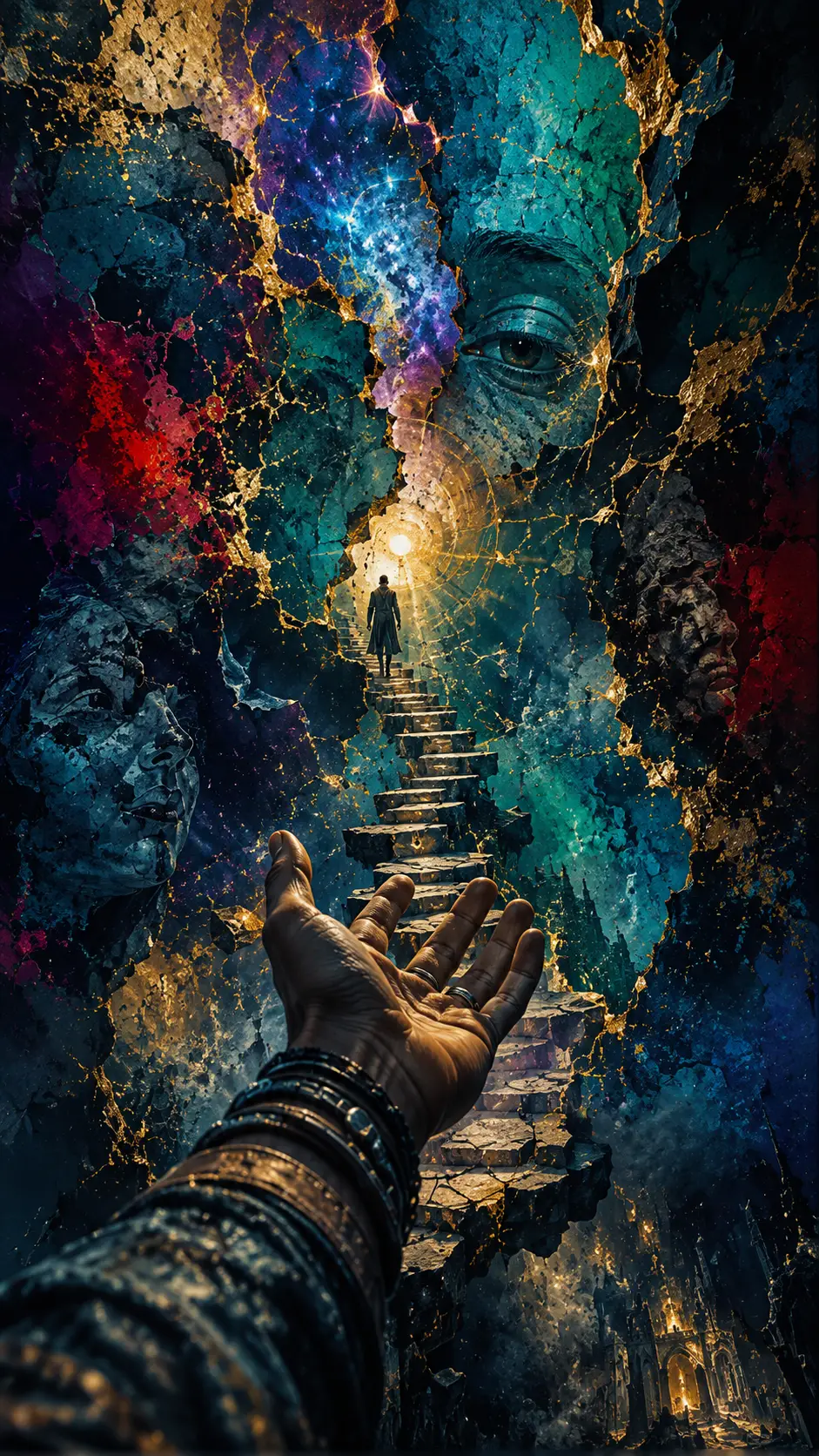 Surreal first person portrait in jewel toned abstract space