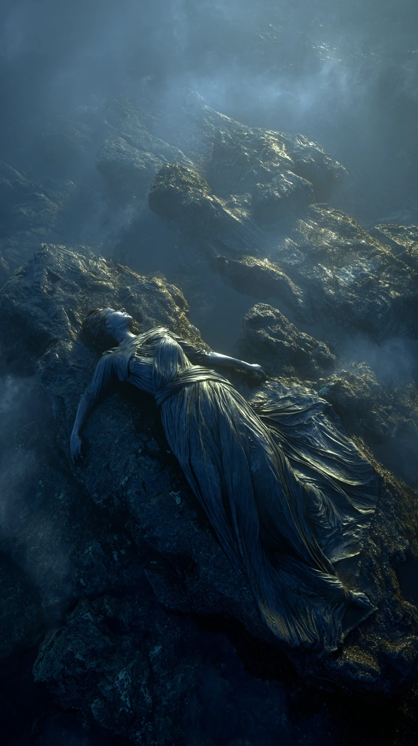 Wounded woman half submerged in a dim smoky seascape