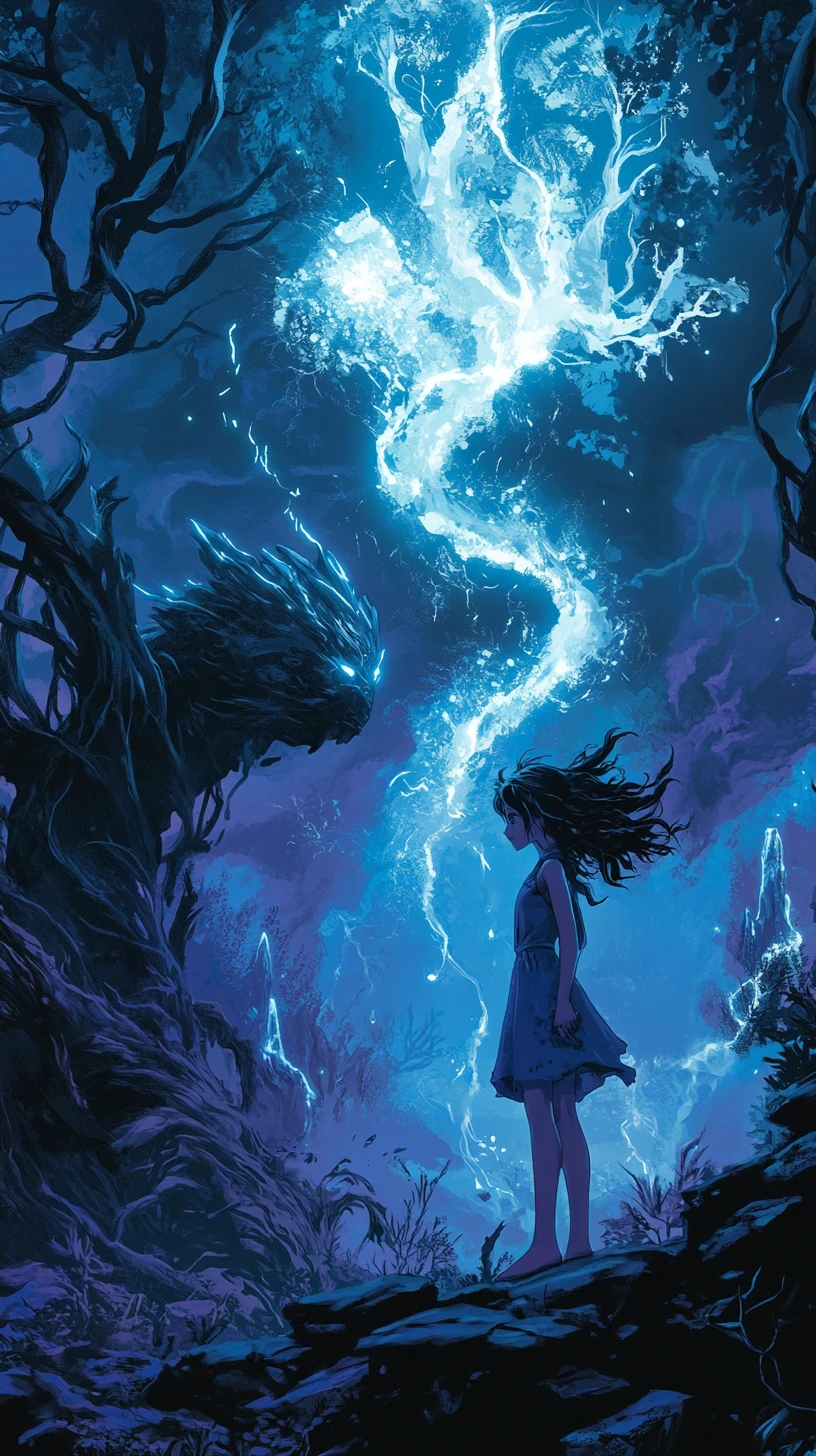 Young sorceress facing a powerful jujutsu attack