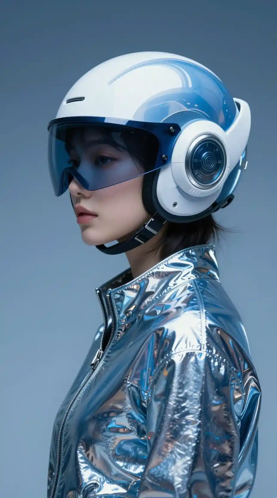 Futuristic woman in chrome jacket and visor helmet profile