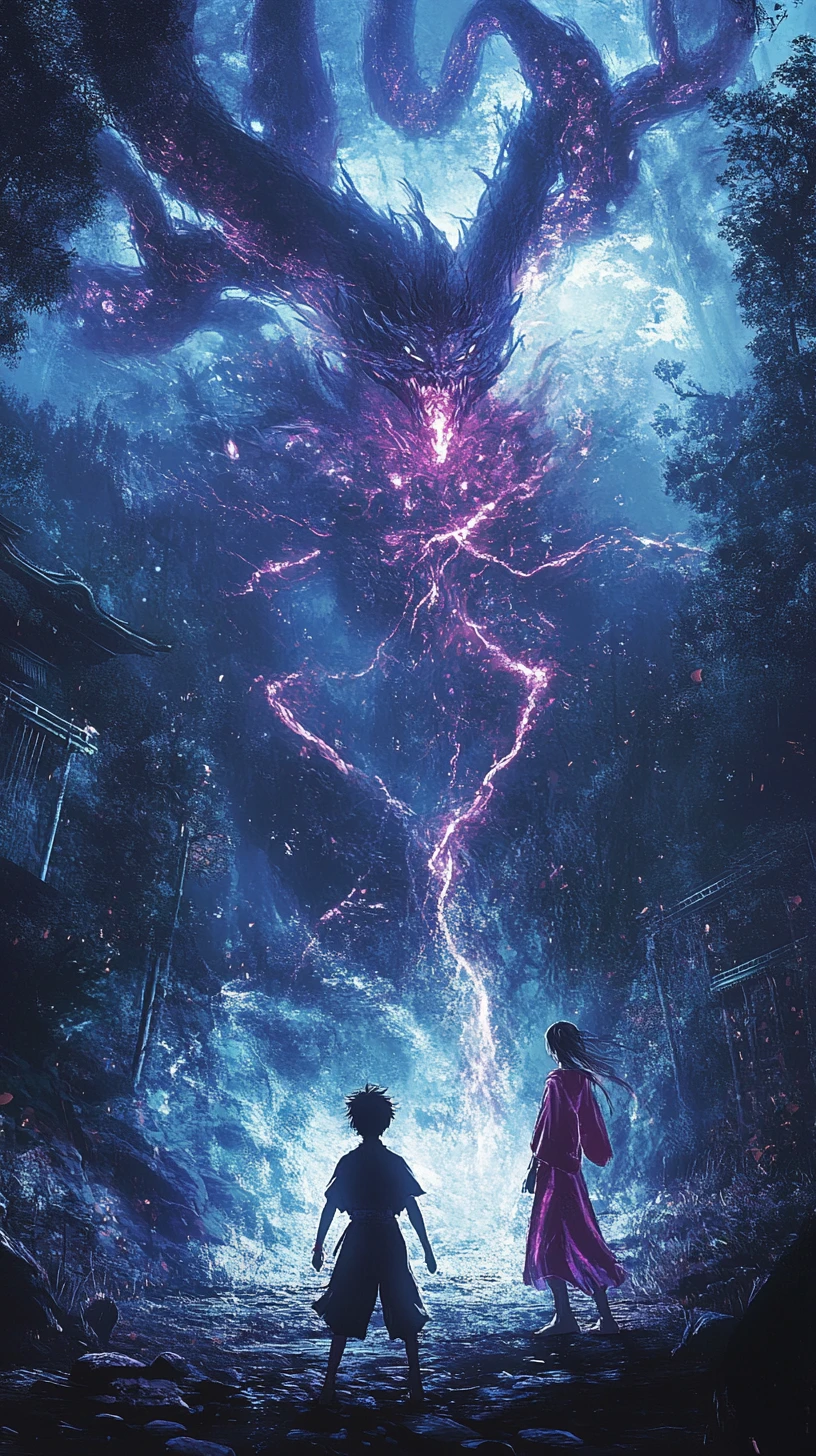 Young boy facing sorceress amid cursed energy in forest