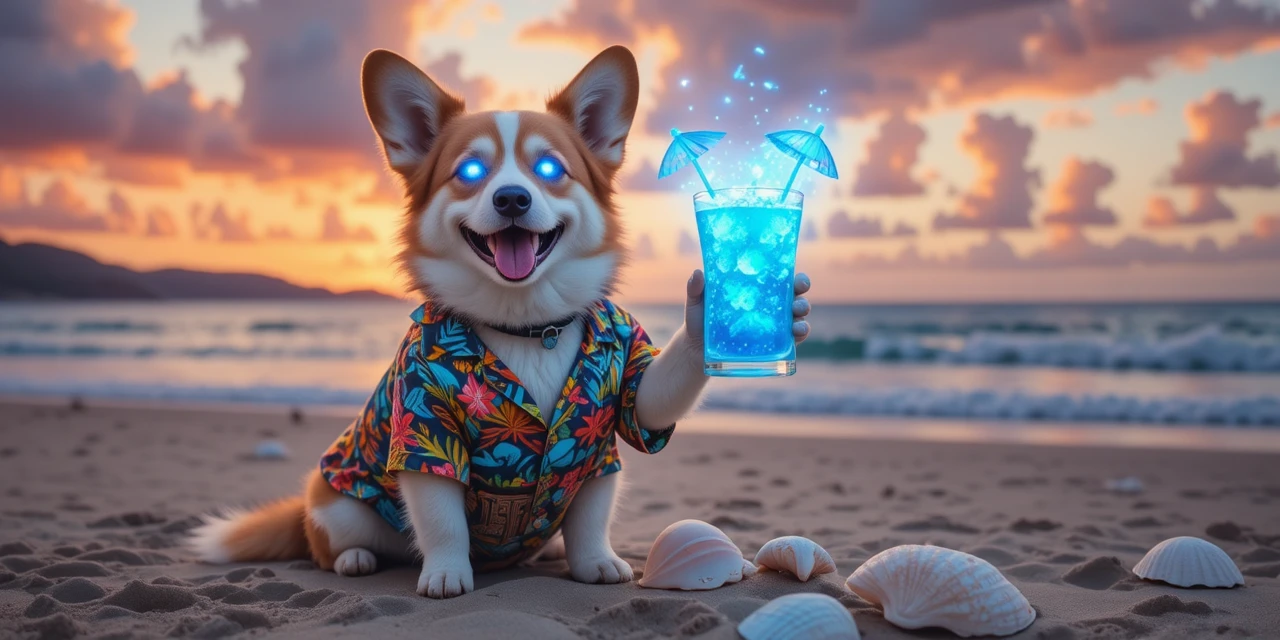 Corgi In Hawaiian Shirt Relaxing With Tiki Drink At Beach