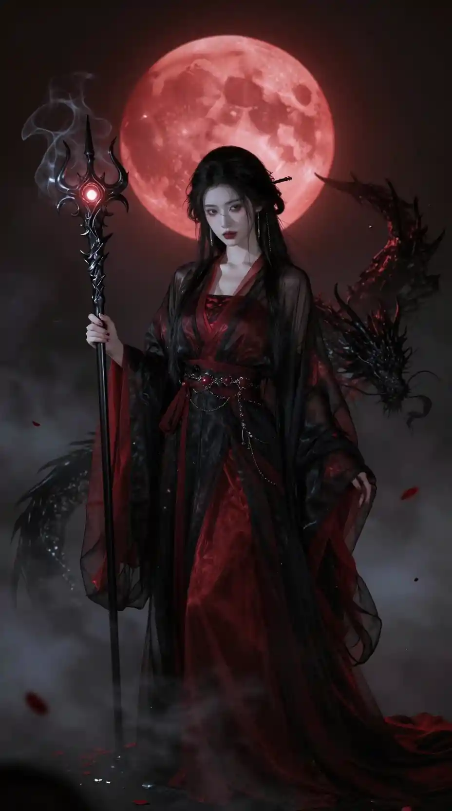 Dark sorceress with spirit dragon under crimson moon