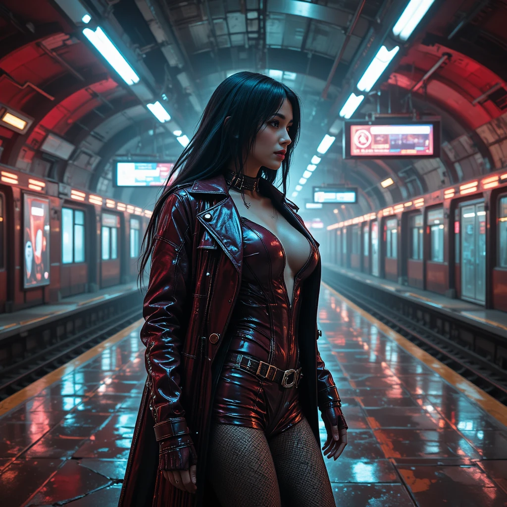 Cyberpunk femme fatale in a glitching subway platform