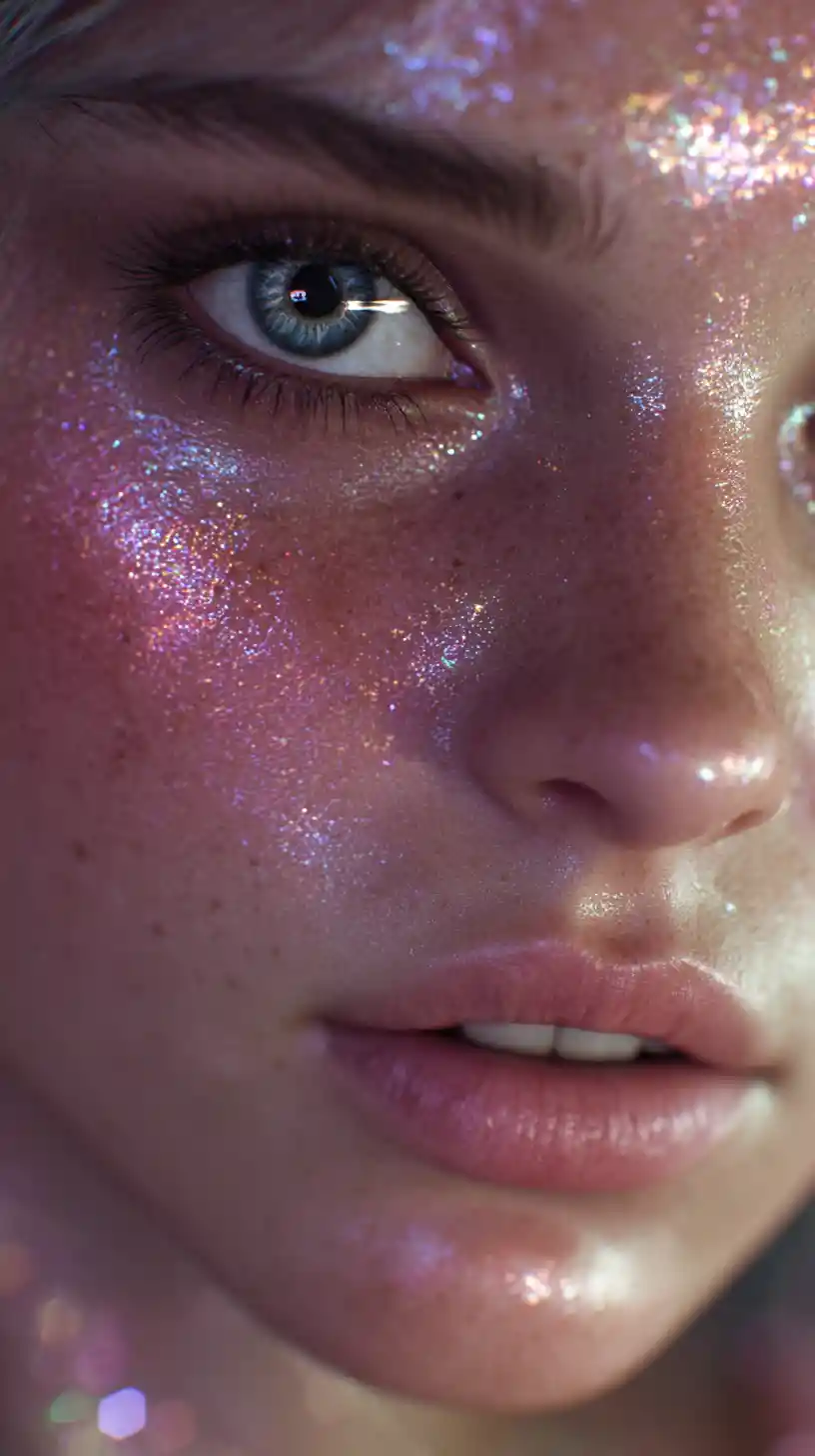 Close up holographic fantasy woman with luminous glossy body