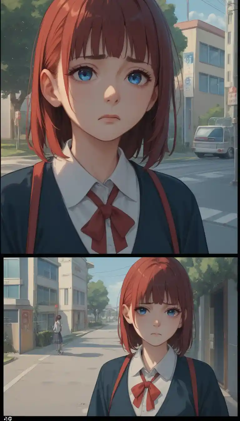 Sad anime schoolgirl with blue eyes in a moody portrait