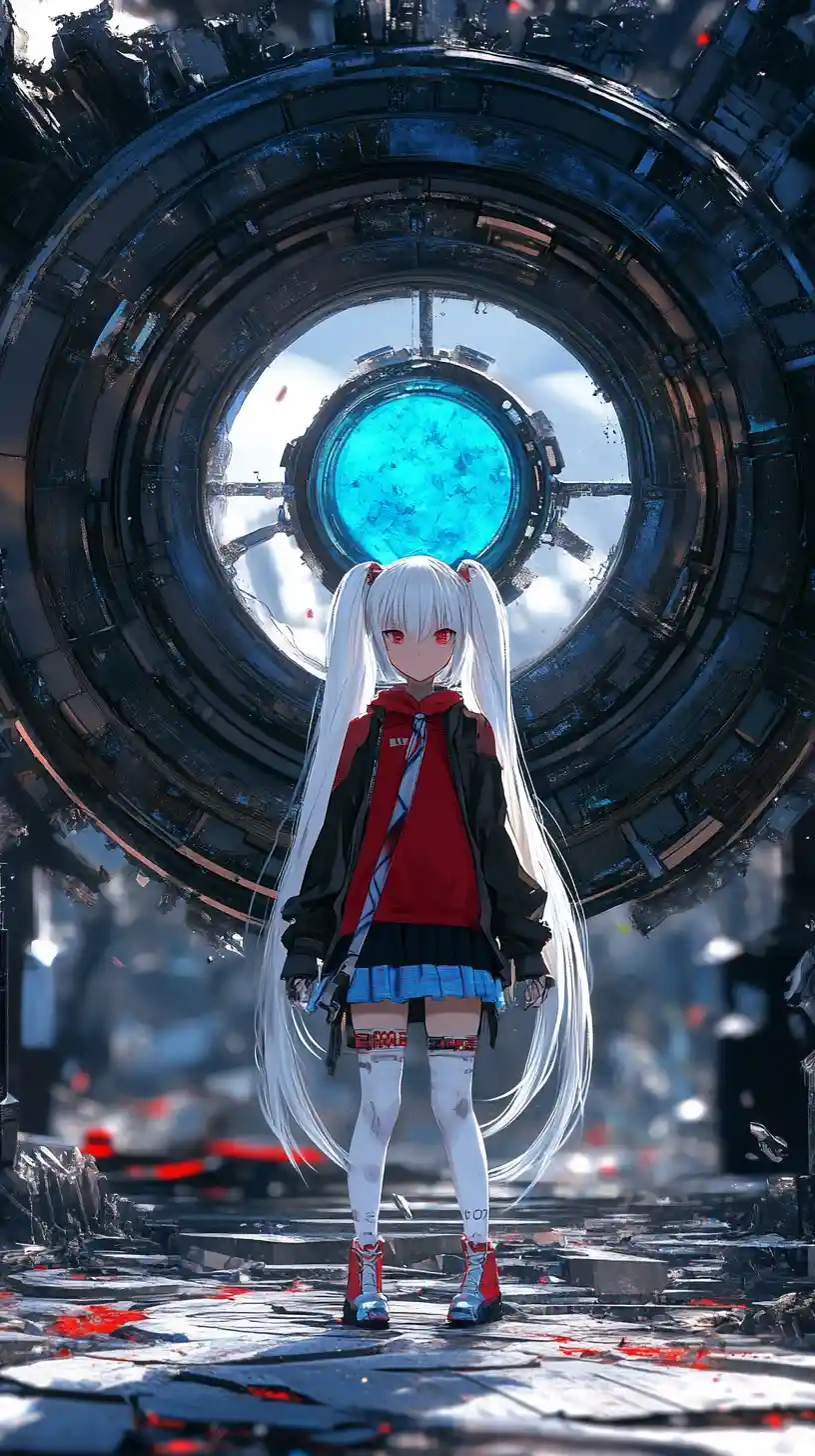 Anime girl in layered circular stone world with crystal