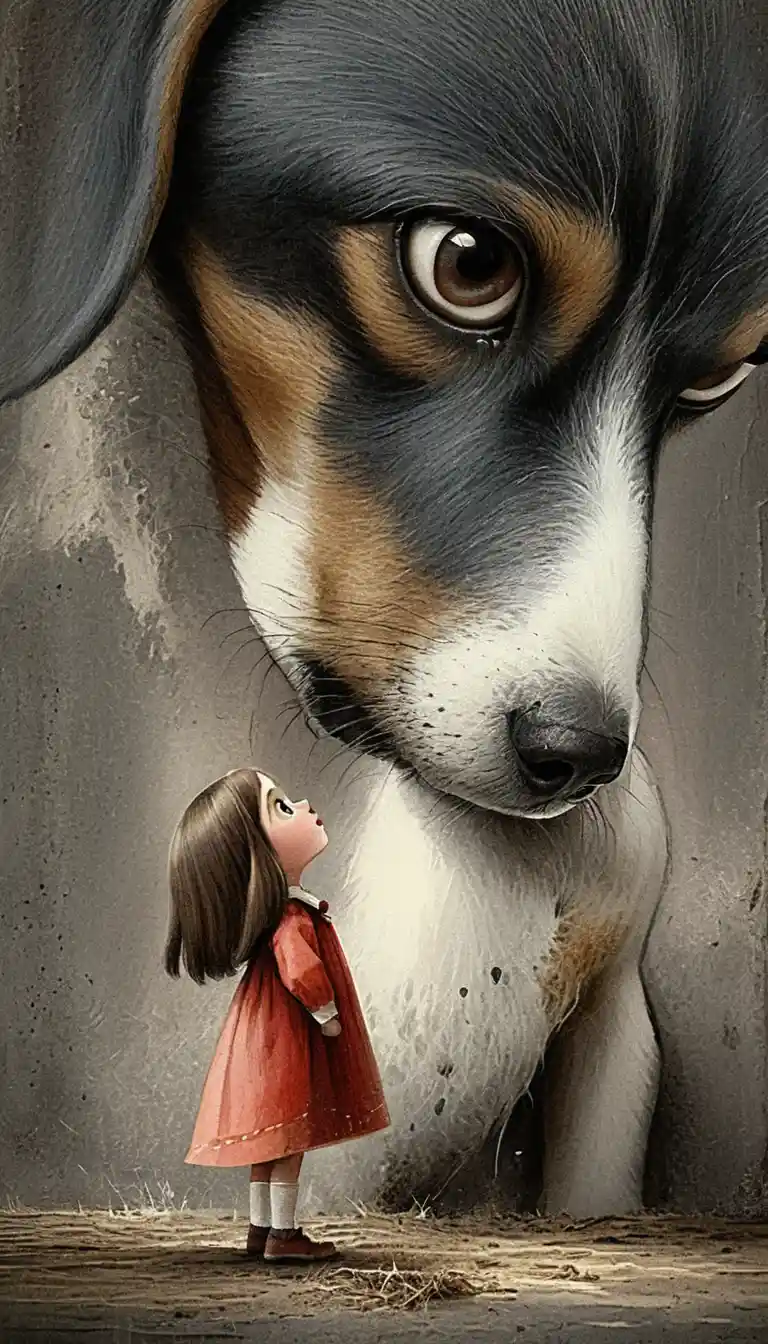 Giant beagle facing a tiny curious girl in illustration