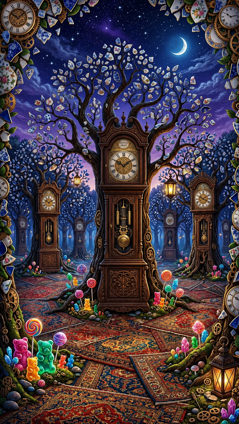 Whimsical forest clearing of clockwork trees and porcelain leaves