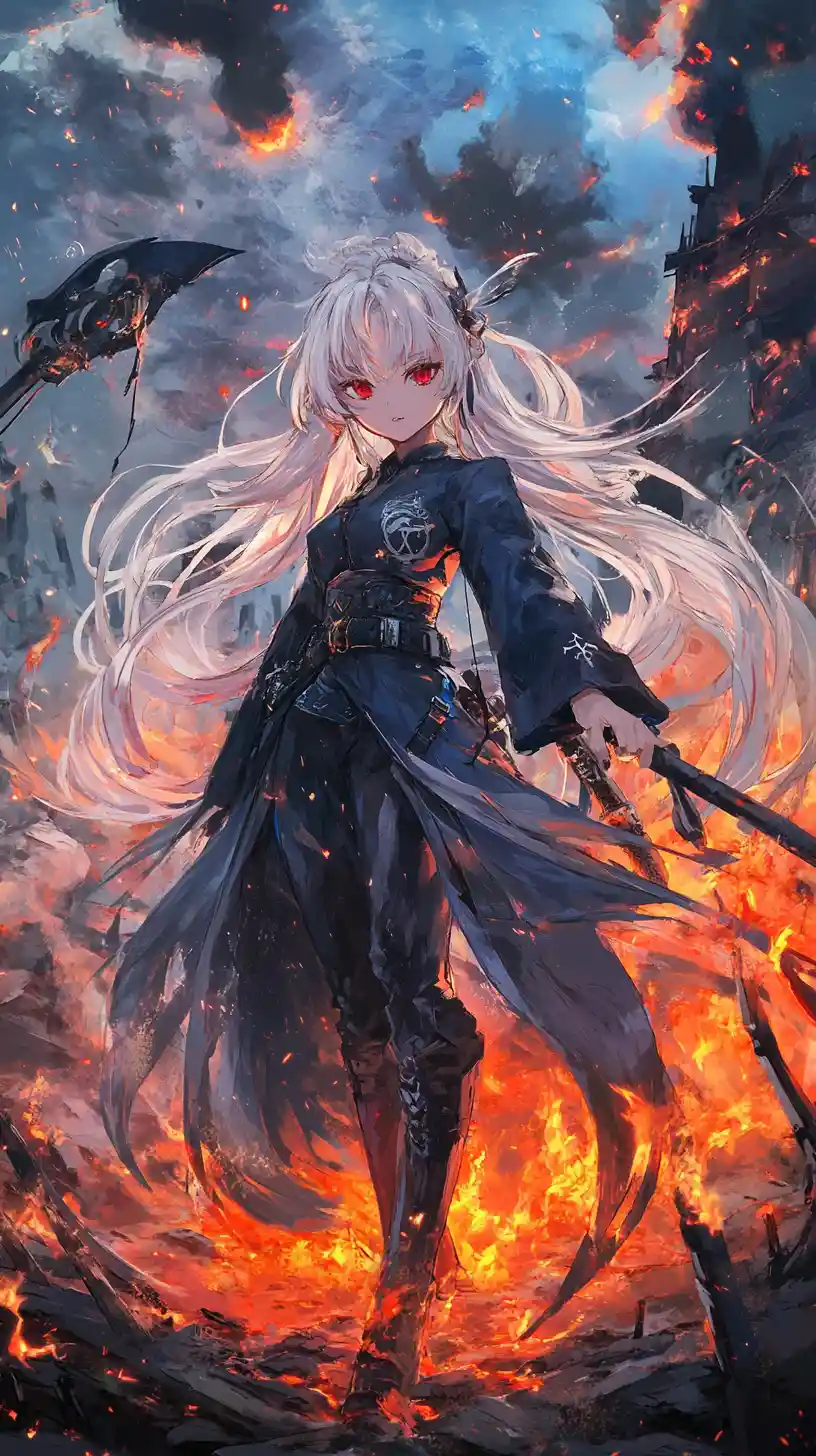 Terrifying fire spirit grinning amid burning blue ruins