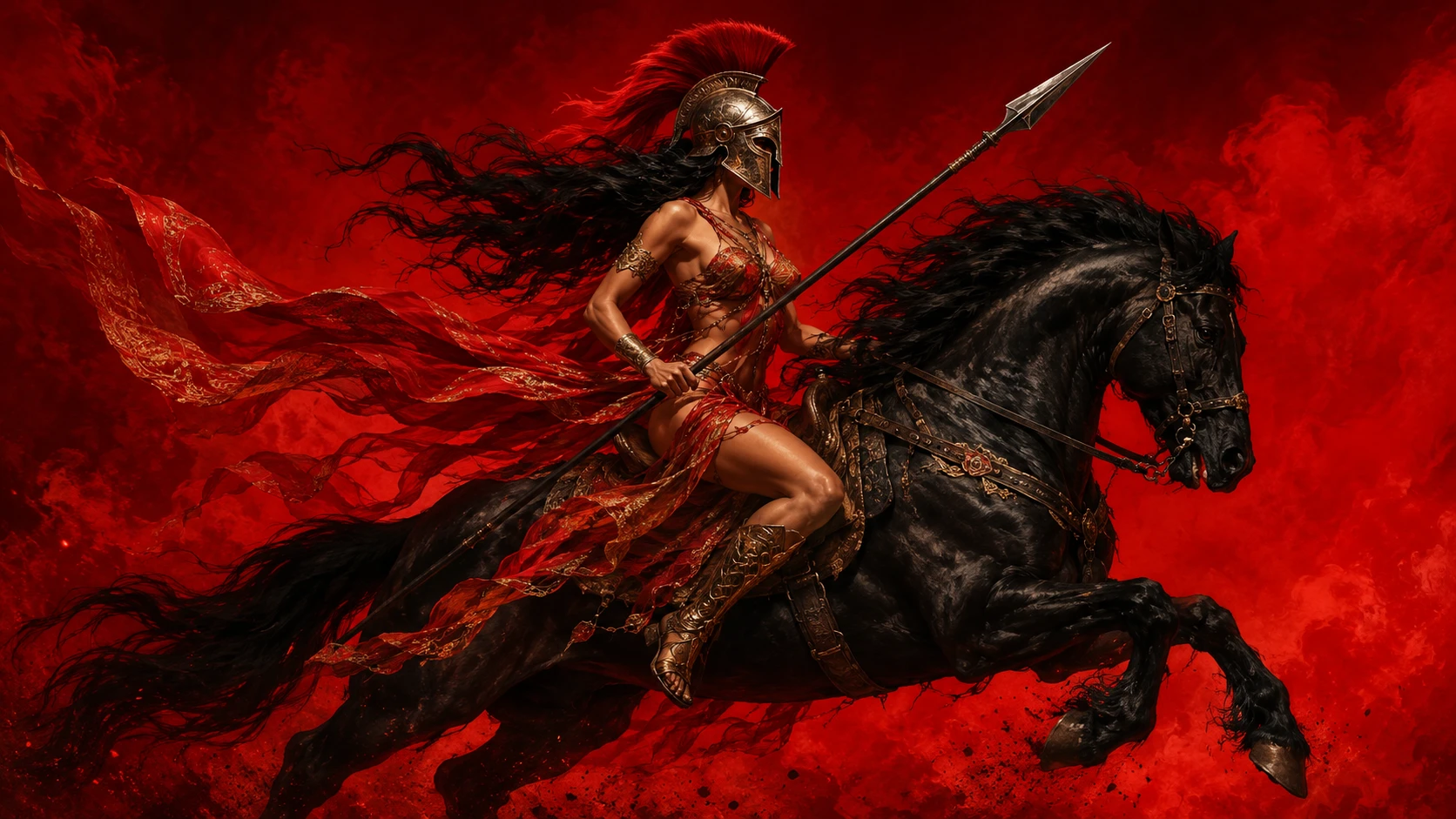 Guerrera sobre caballo negro frente a un cielo rojo intenso