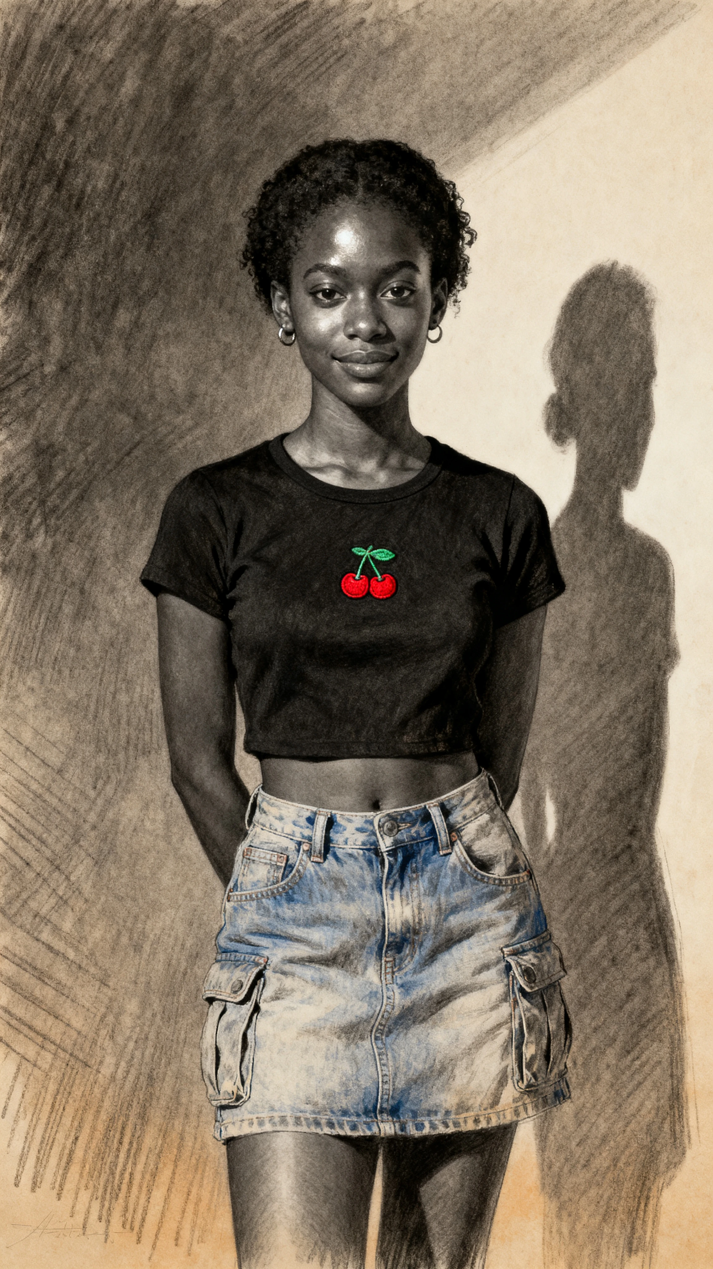 Charcoal portrait of a confident young black woman in casual outfit