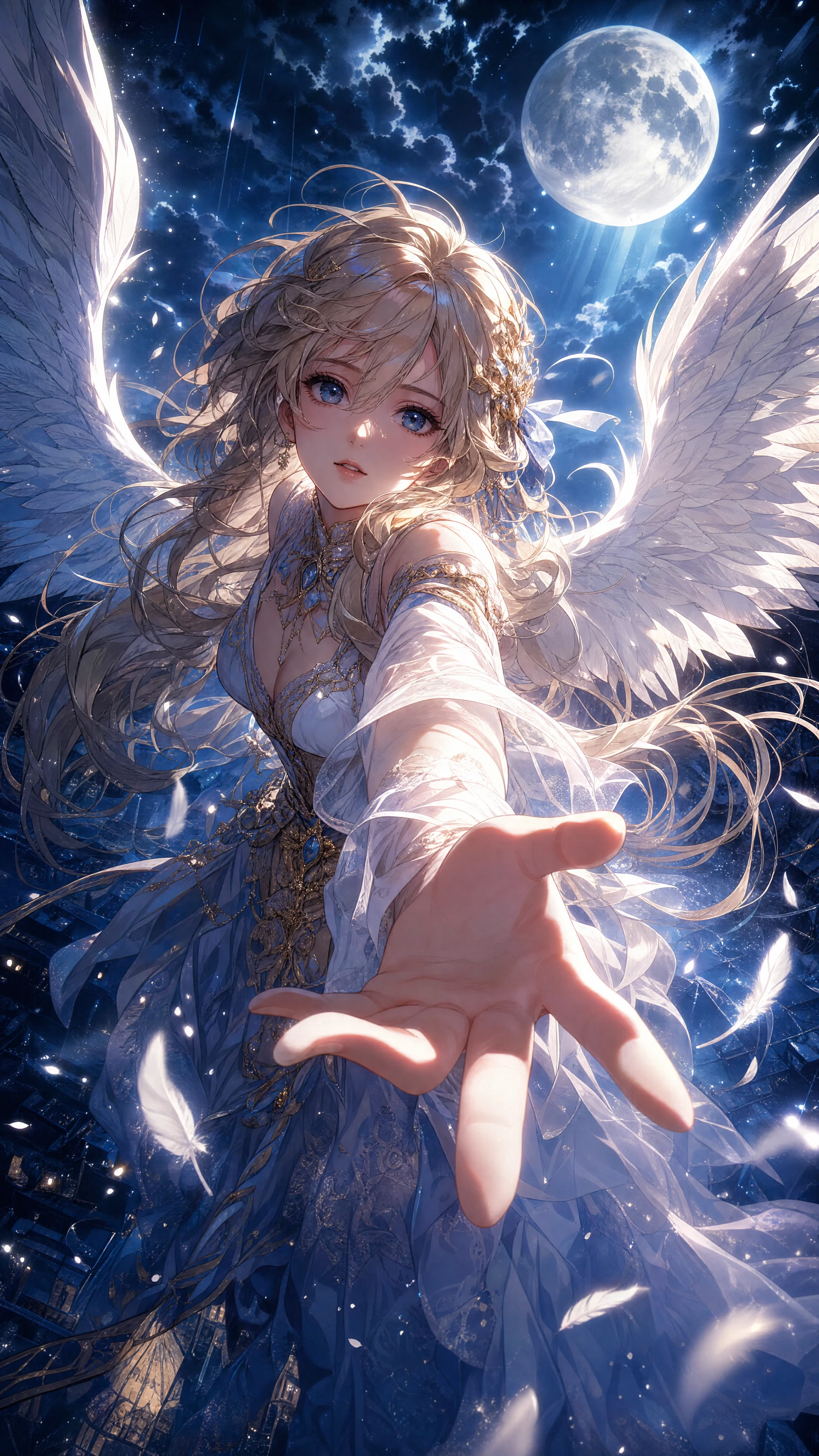 Chica ángel extendiendo la mano bajo un cielo iluminado por la luna