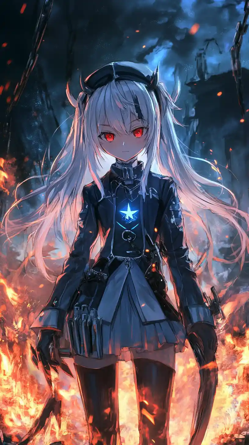 Sinister fire spirit grinning amid burning ancient ruins