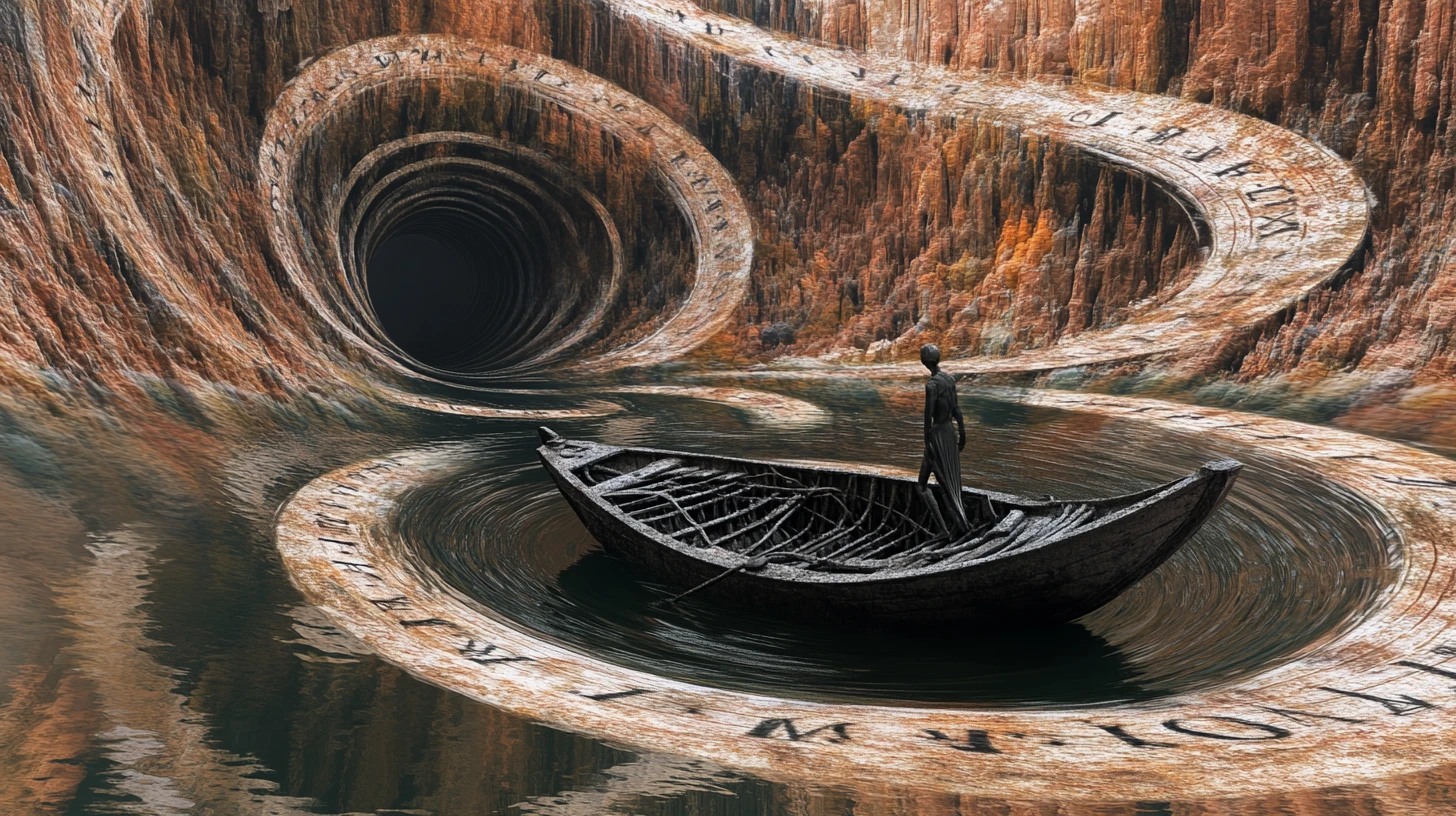 Surreal skeletal boat looping along a spiraling river