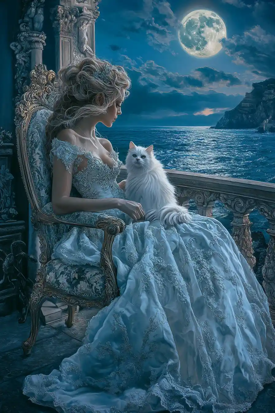 Elegant woman with cat on a Mediterranean balcony at night