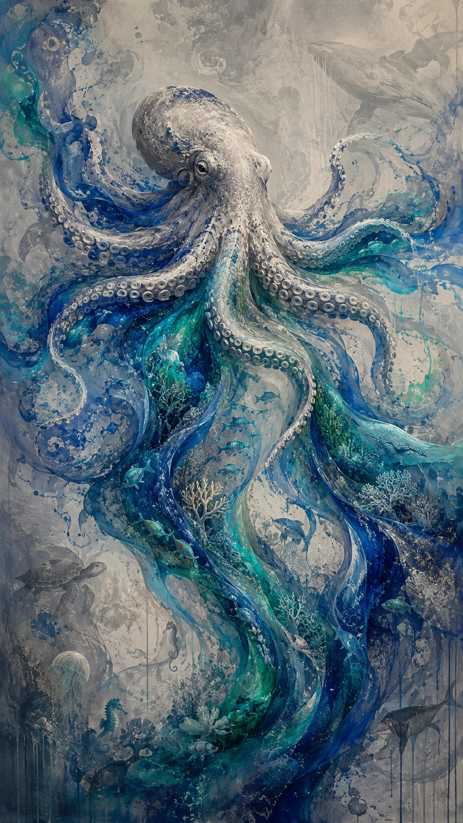 Pulpo flotando en un océano abstracto monocromático