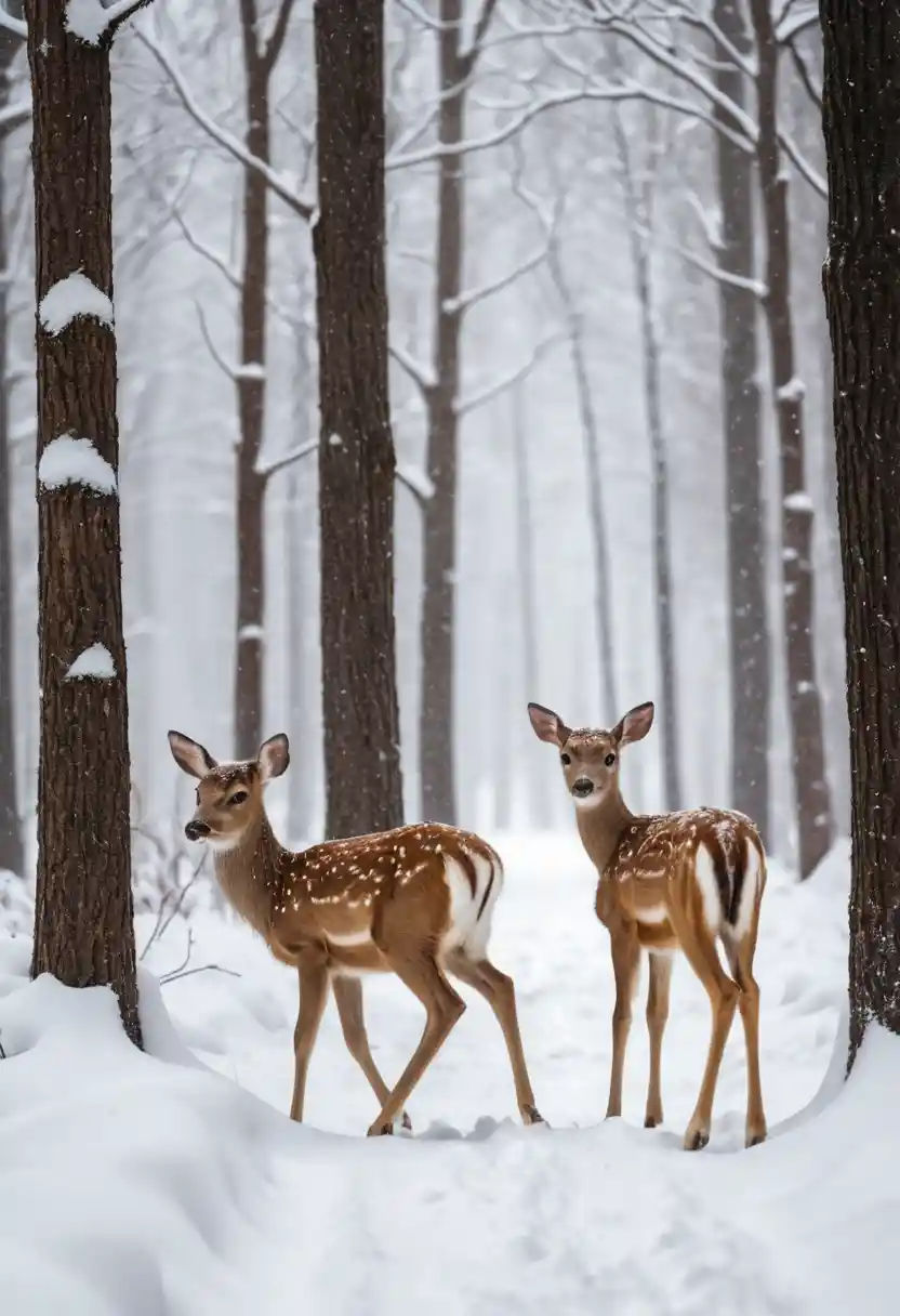 Deer and fawn running through a snowy winter forest