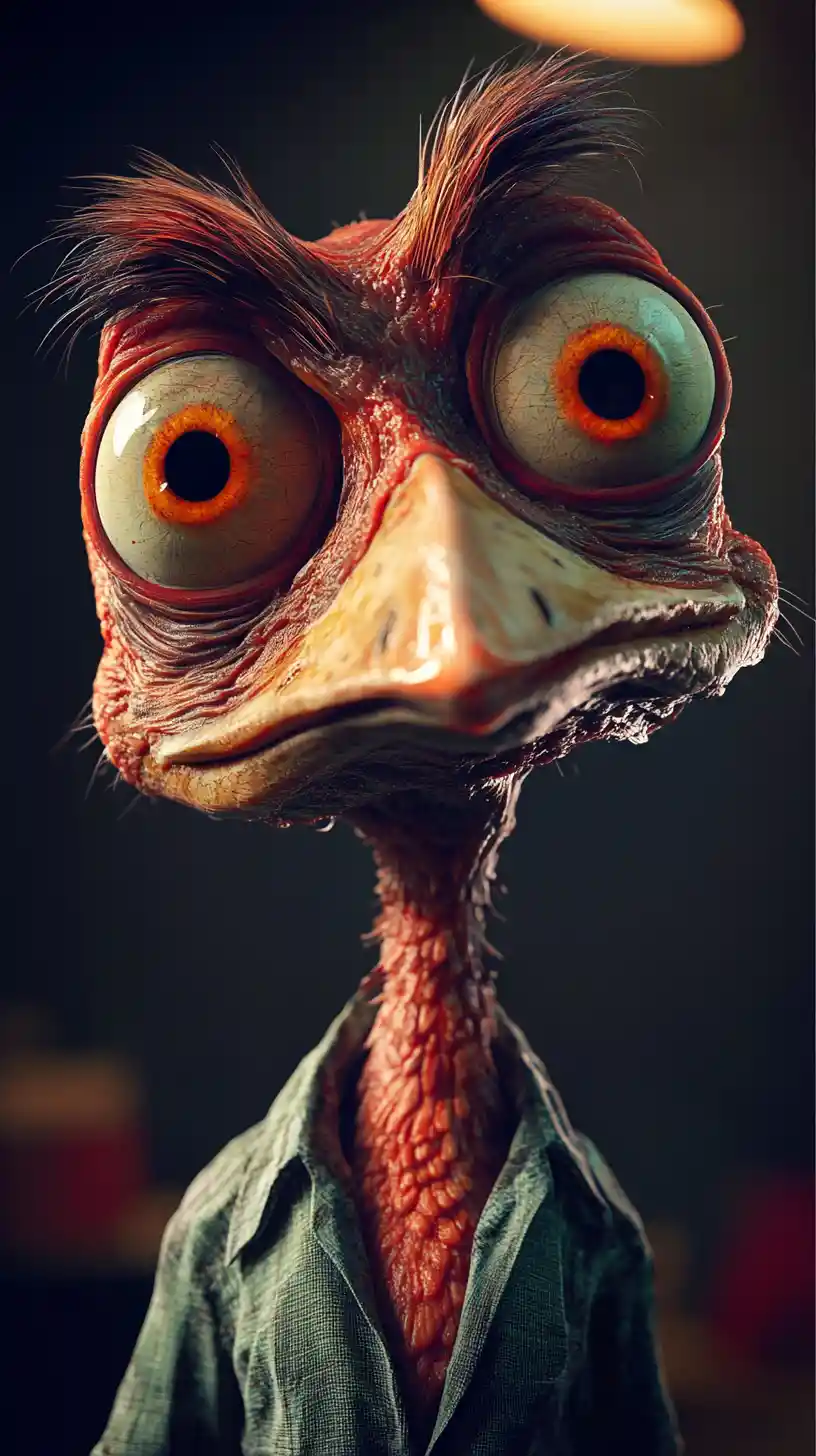 Anthropomorphic character with smug expression in cinematic 3D spotlight