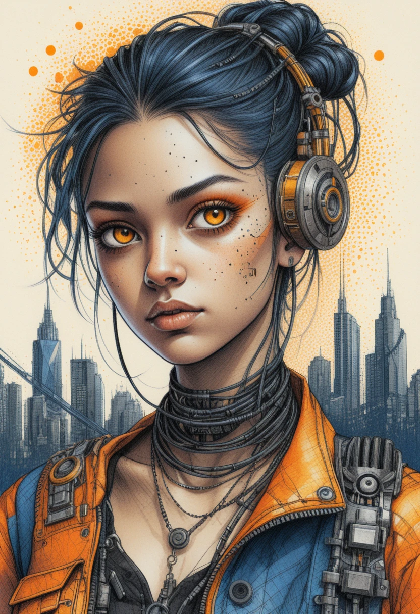 Cyberpunk woman portrait with mechanical headphones and city backdrop