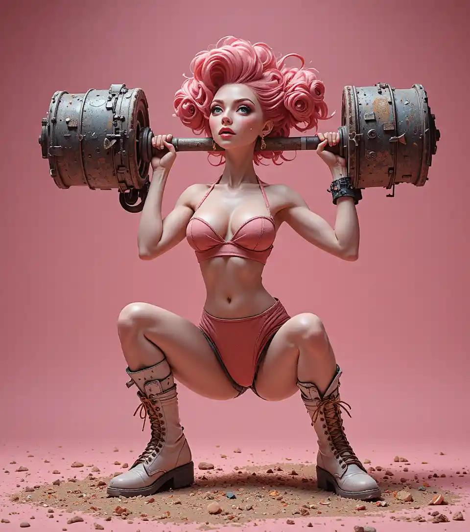 Defiant young woman with sledgehammer in surreal pink scene