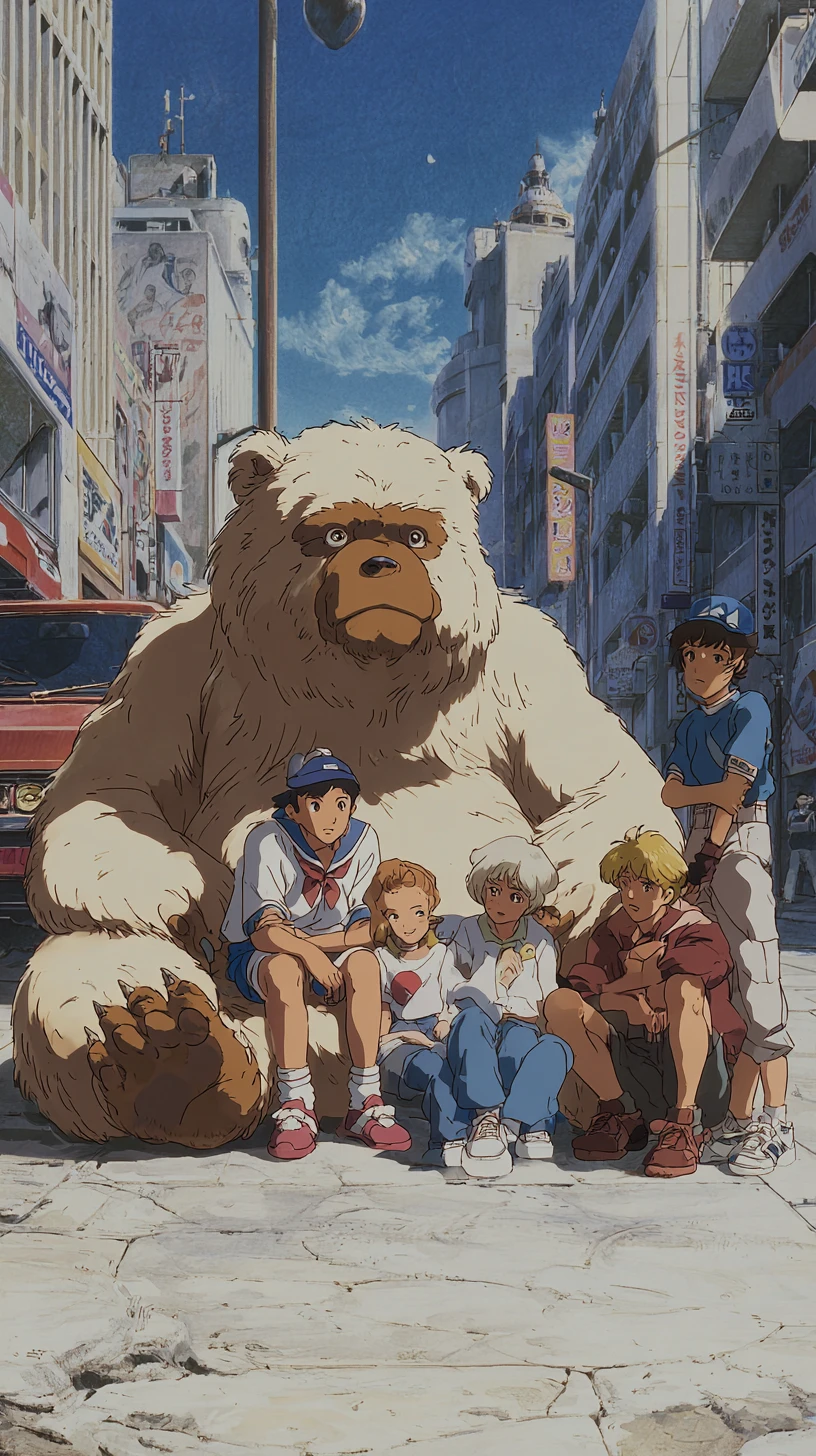 Anime friends relaxing with a fluffy beast on a city street
