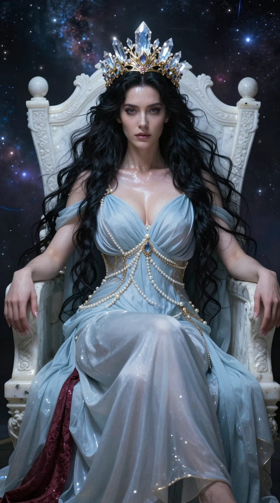 Regal dark haired queen on a marble throne