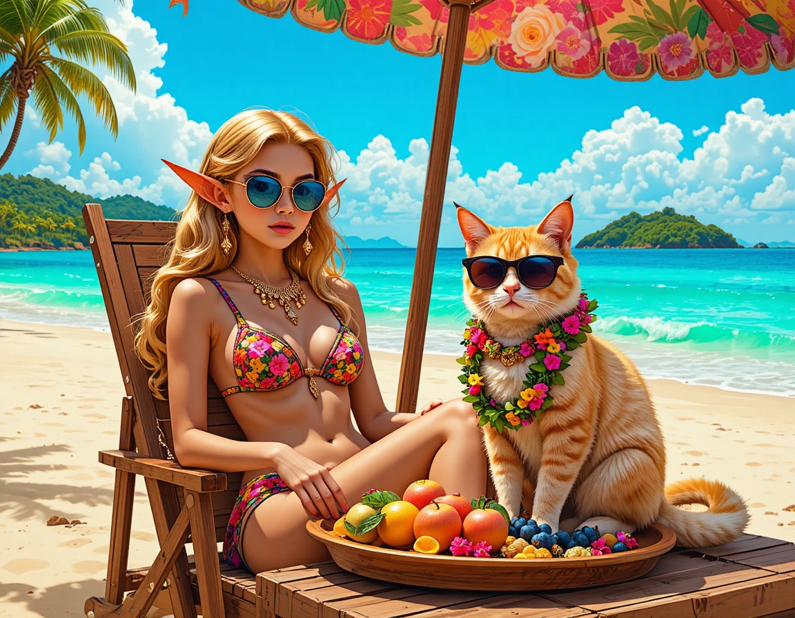 Elf woman sunbathing with cat on a tropical beach