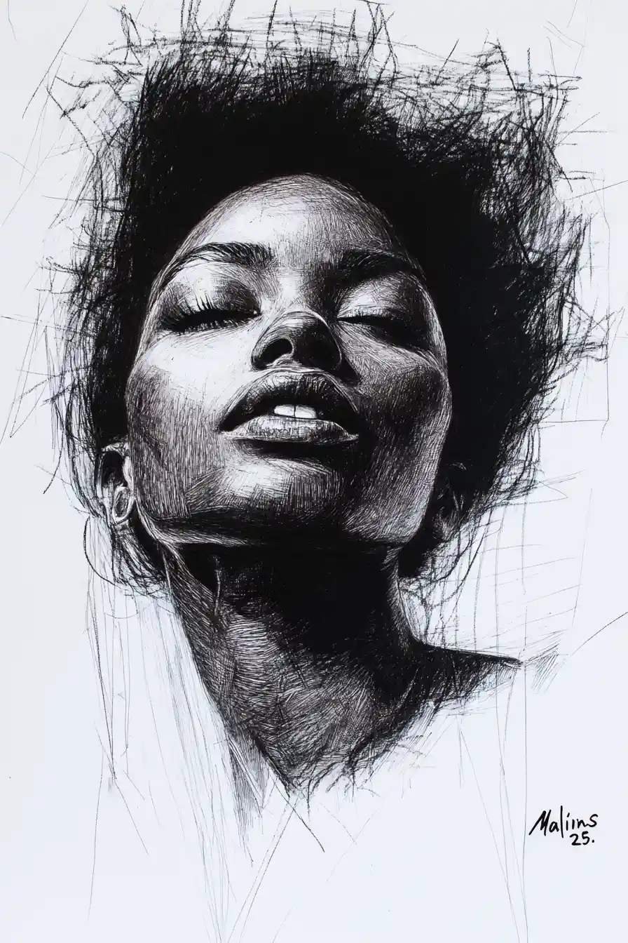 Textured graphite portrait of a black woman with afro bun