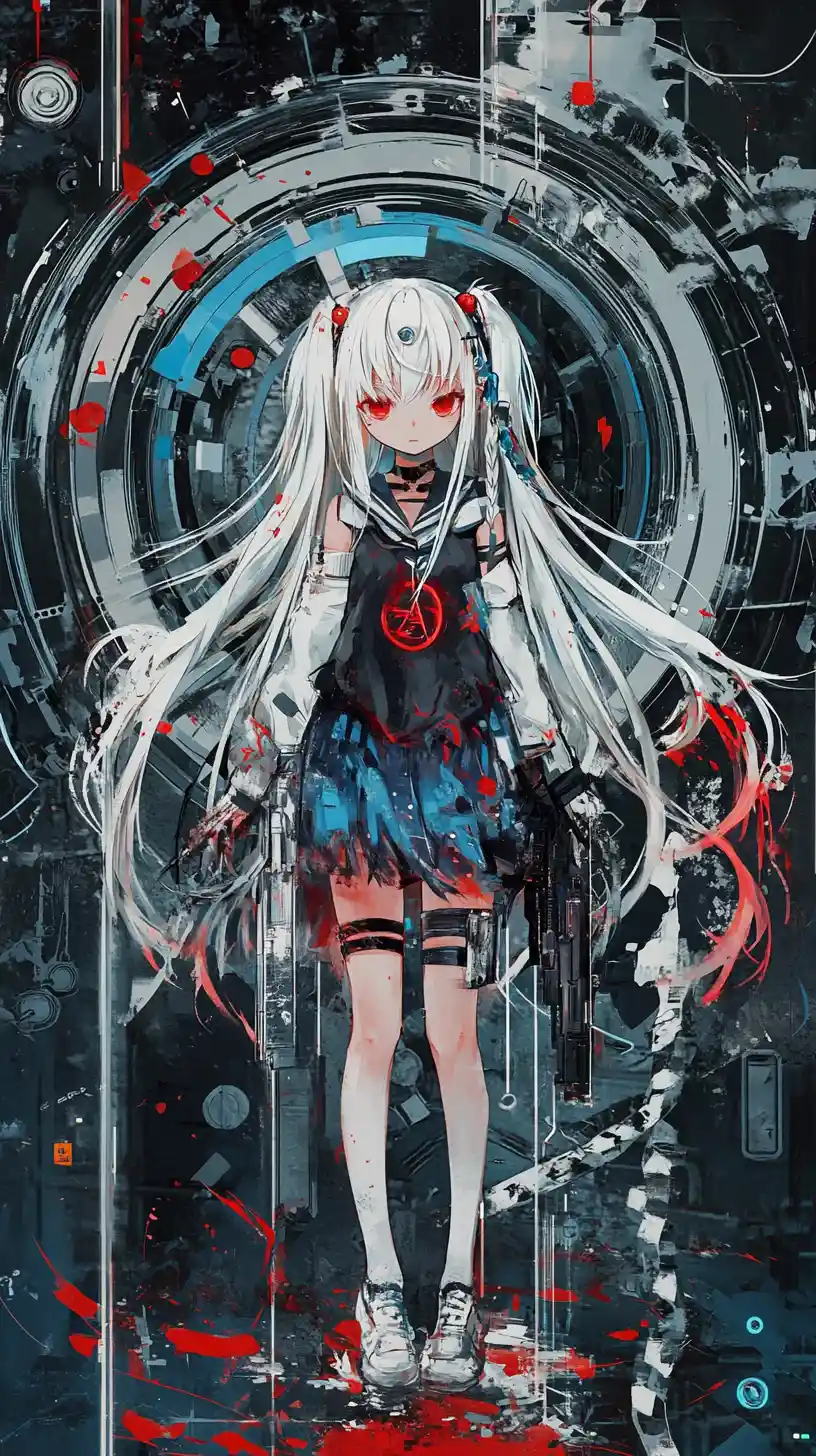 Anime girl in circular stone world with blue crystal