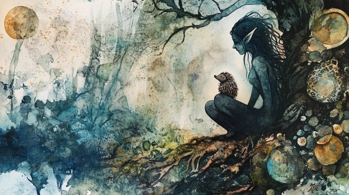 Ethereal elf with tiny hedgehog in dreamy watercolor forest