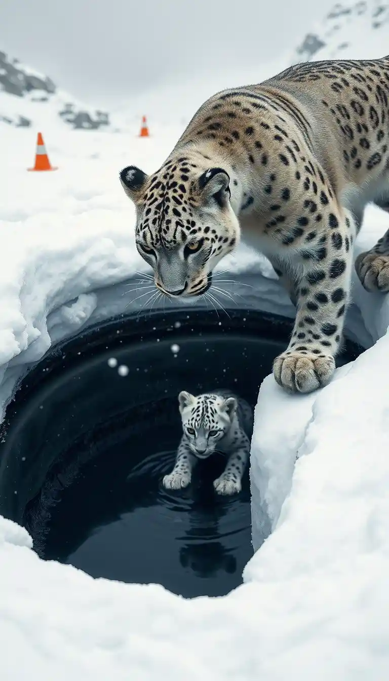 Snow leopard mother near icy sinkhole watching struggling cub