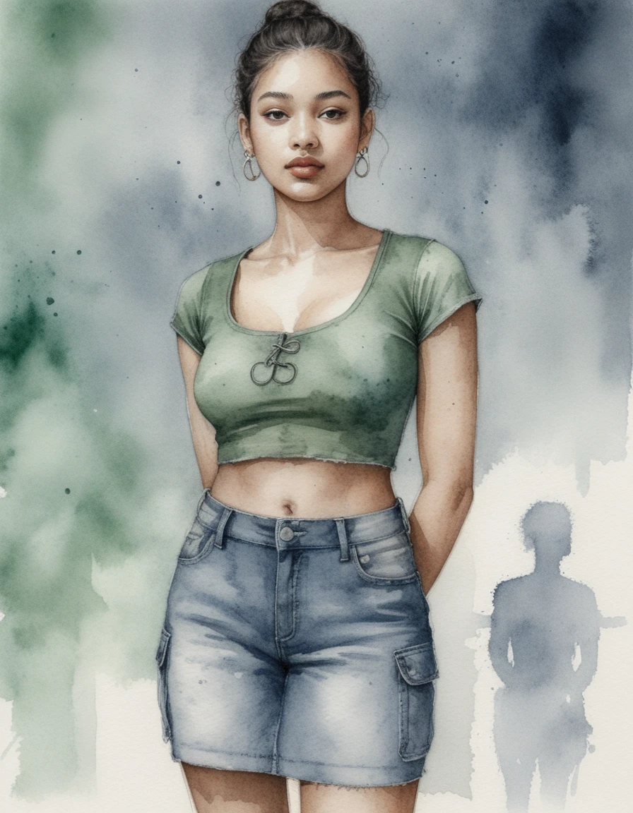 Charcoal portrait of a confident young black woman in casual outfit