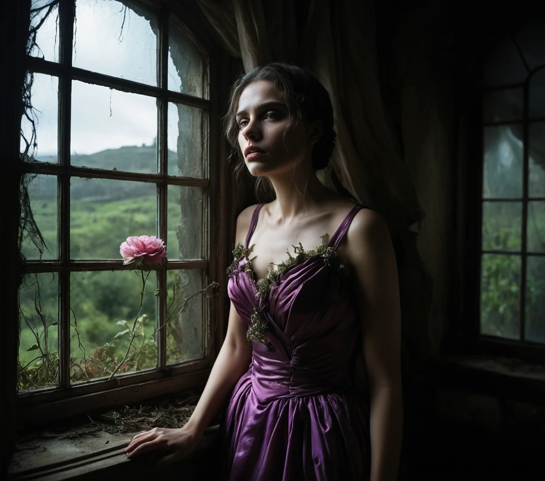 Melancholic woman at window in surreal neon dreamscape