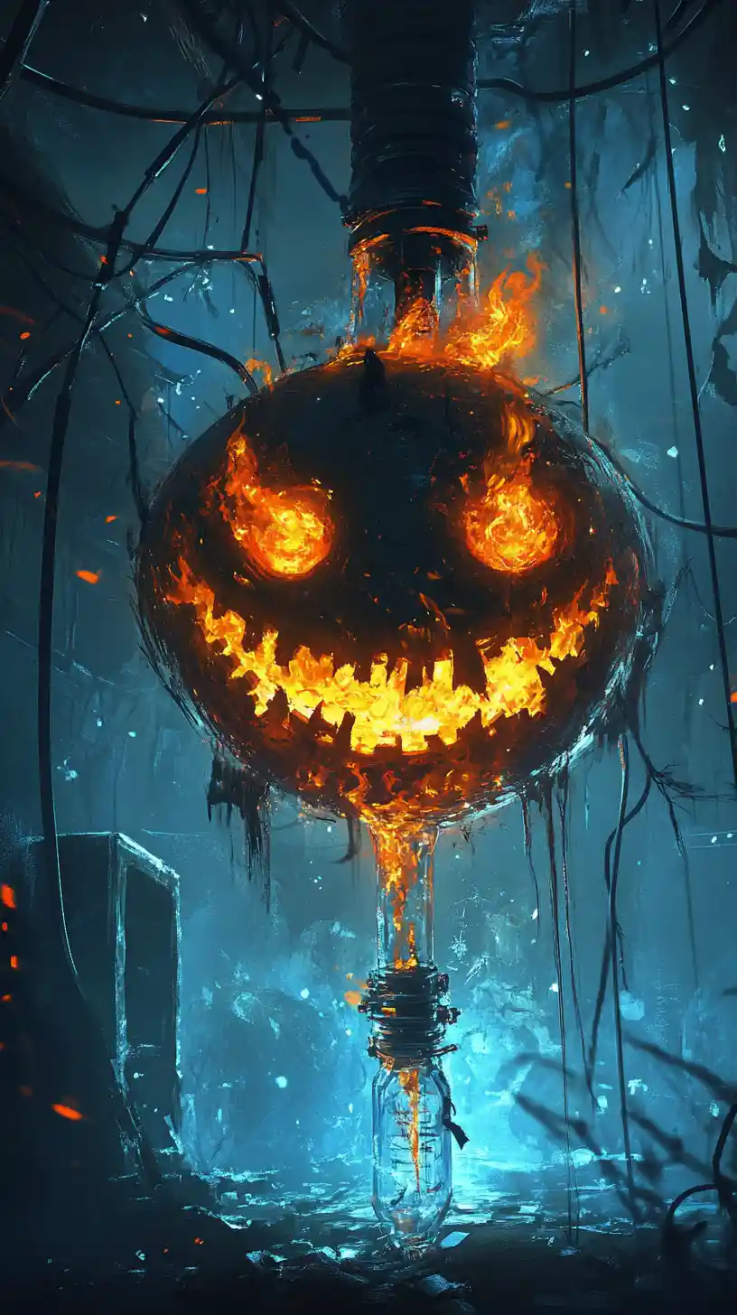 Smiling fire spirit surrounded by blue flames in ruins