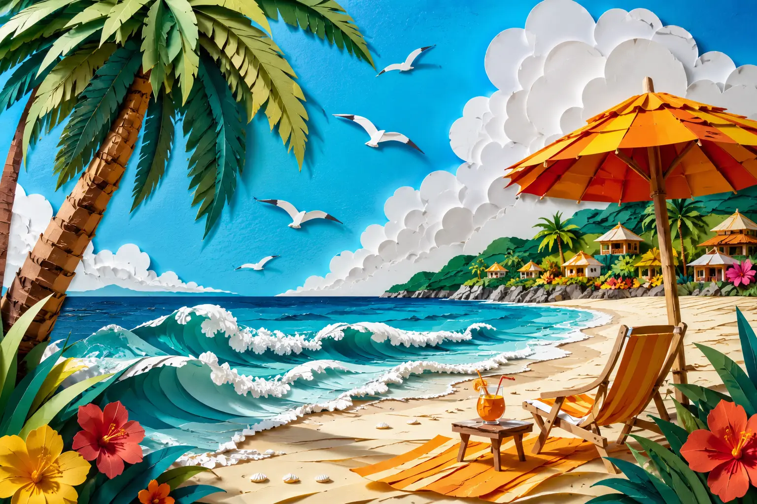 Colorful paper cut beach with palms and umbrellas
