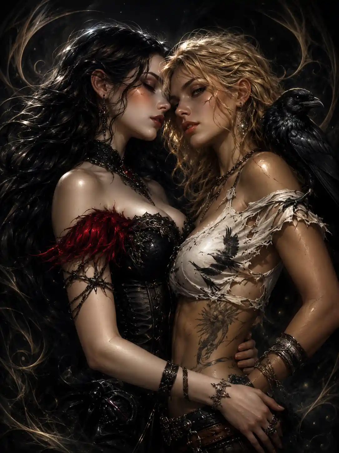 Two gothic women in intimate symmetrical fantasy embrace