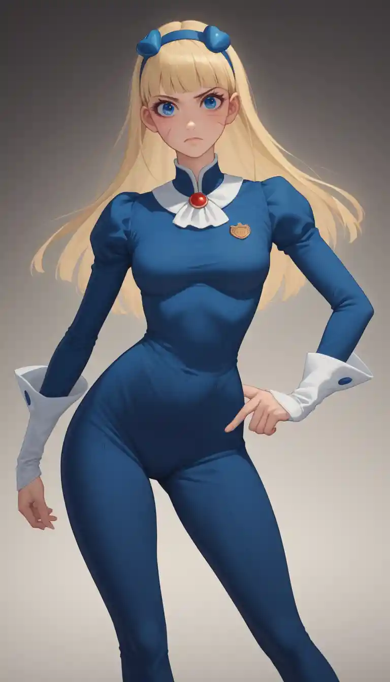 Confident anime blonde girl in fitted suit with scars