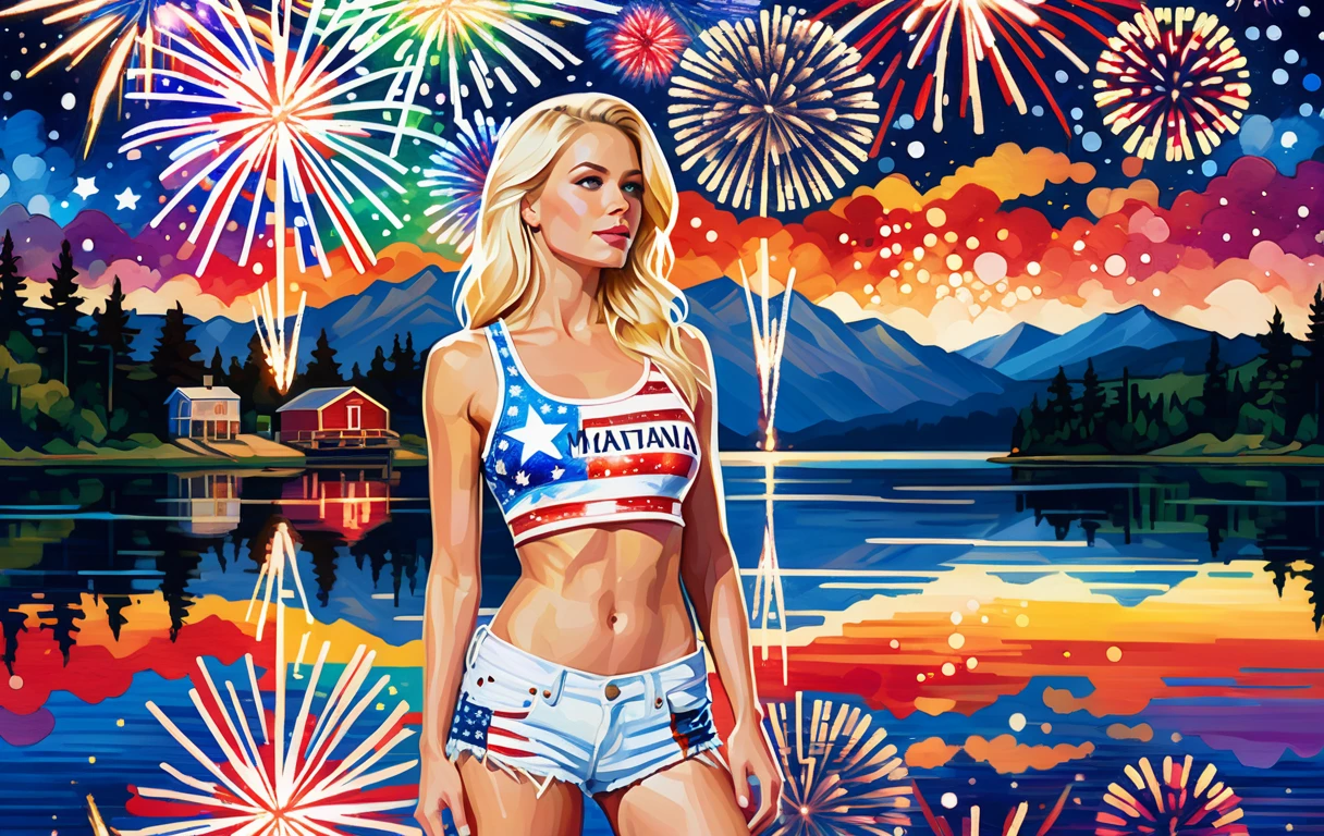 Blonde woman by a Montana lake in patriotic summer outfit