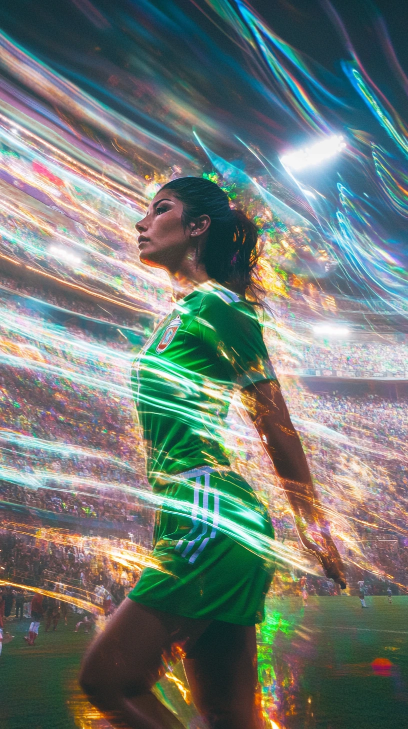 Woman soccer player in green jersey at Mexican stadium