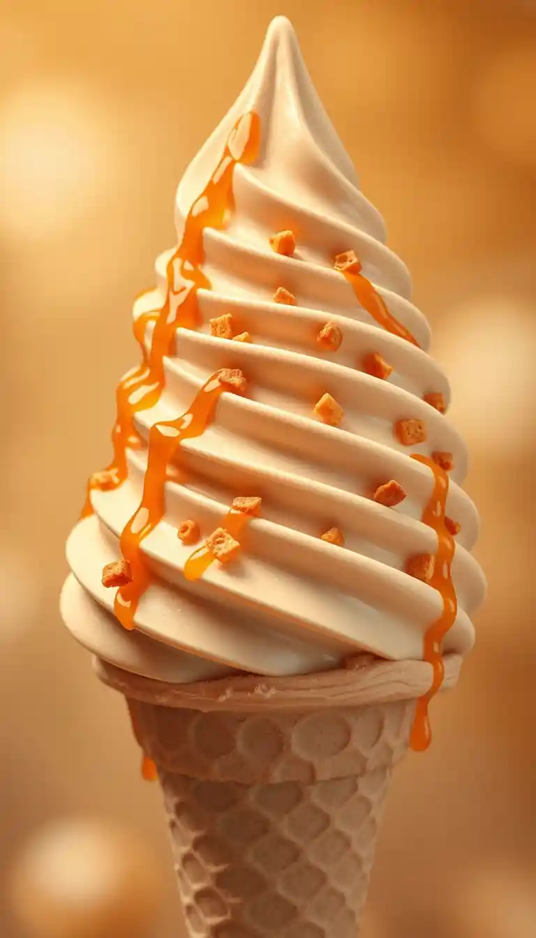 Close up caramel soft serve ice cream cone with toppings