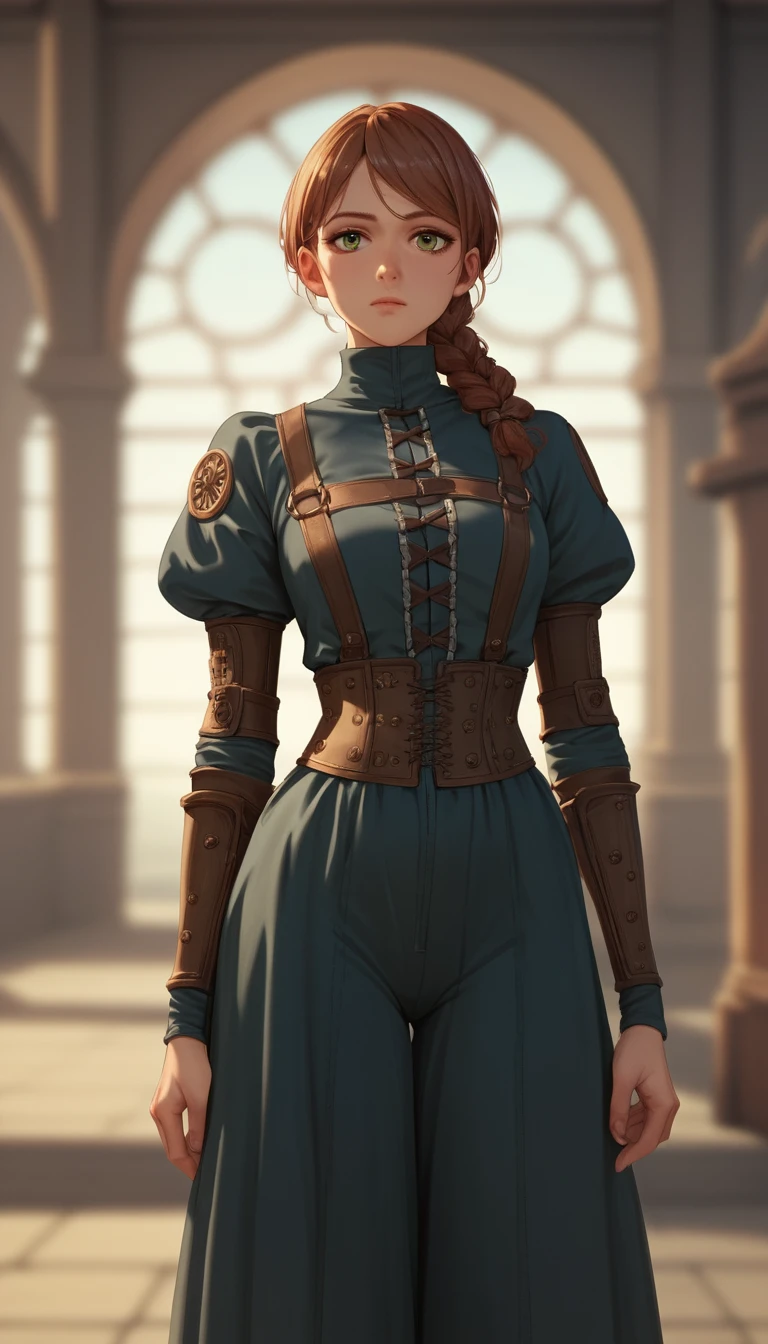 Anime ninja girl in a black outfit in steampunk city
