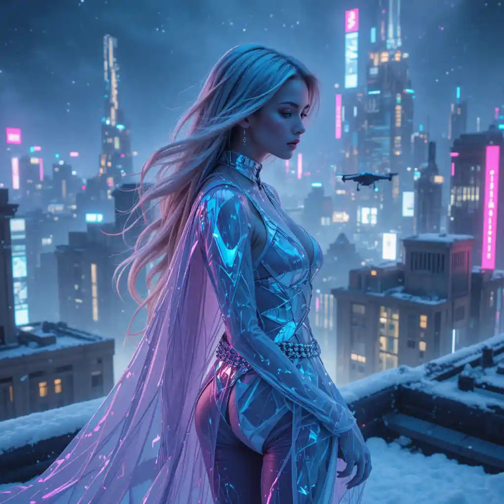 Cyberpunk woman in neon on a frozen rooftop