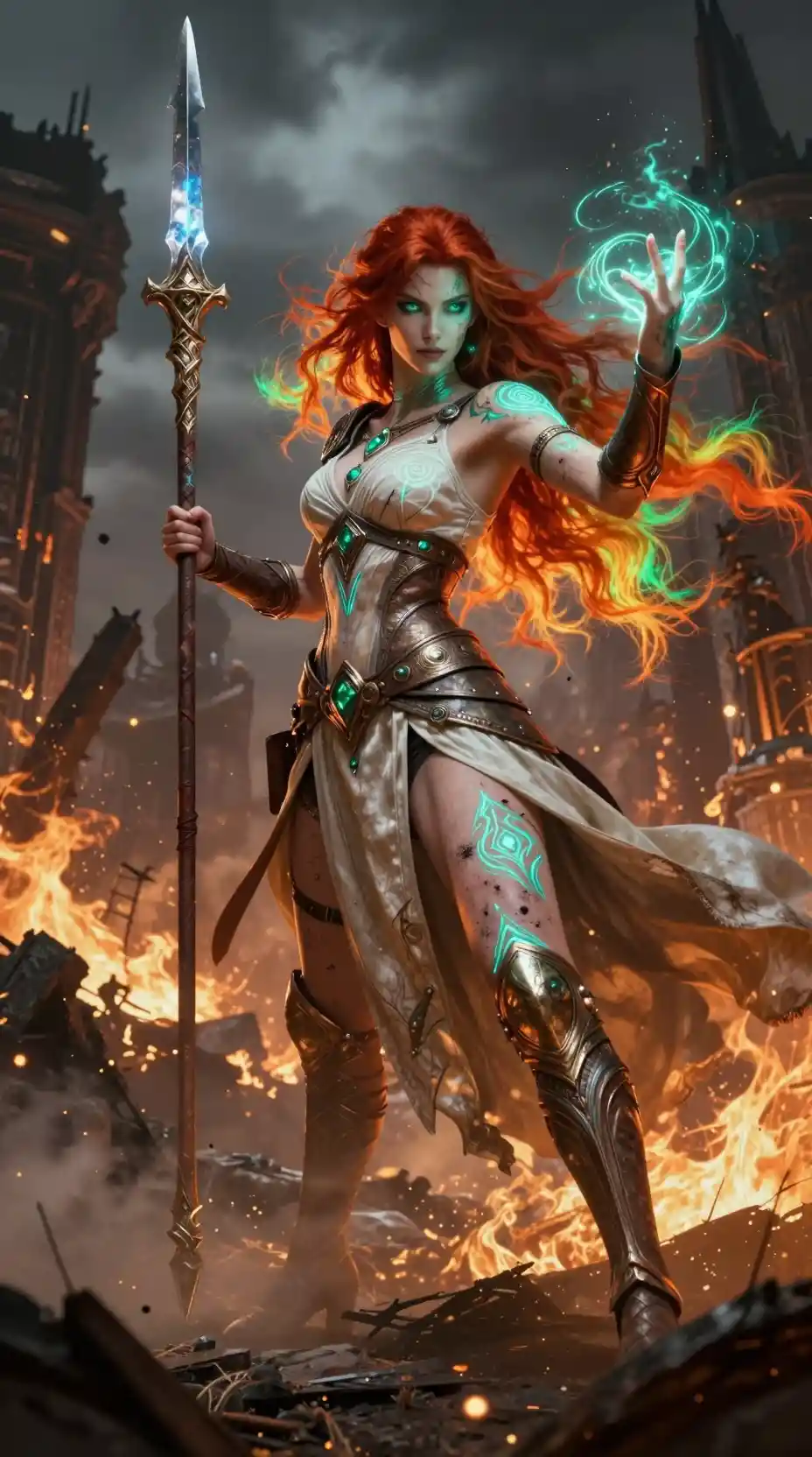 Elven battle maiden standing in ruins of burning city