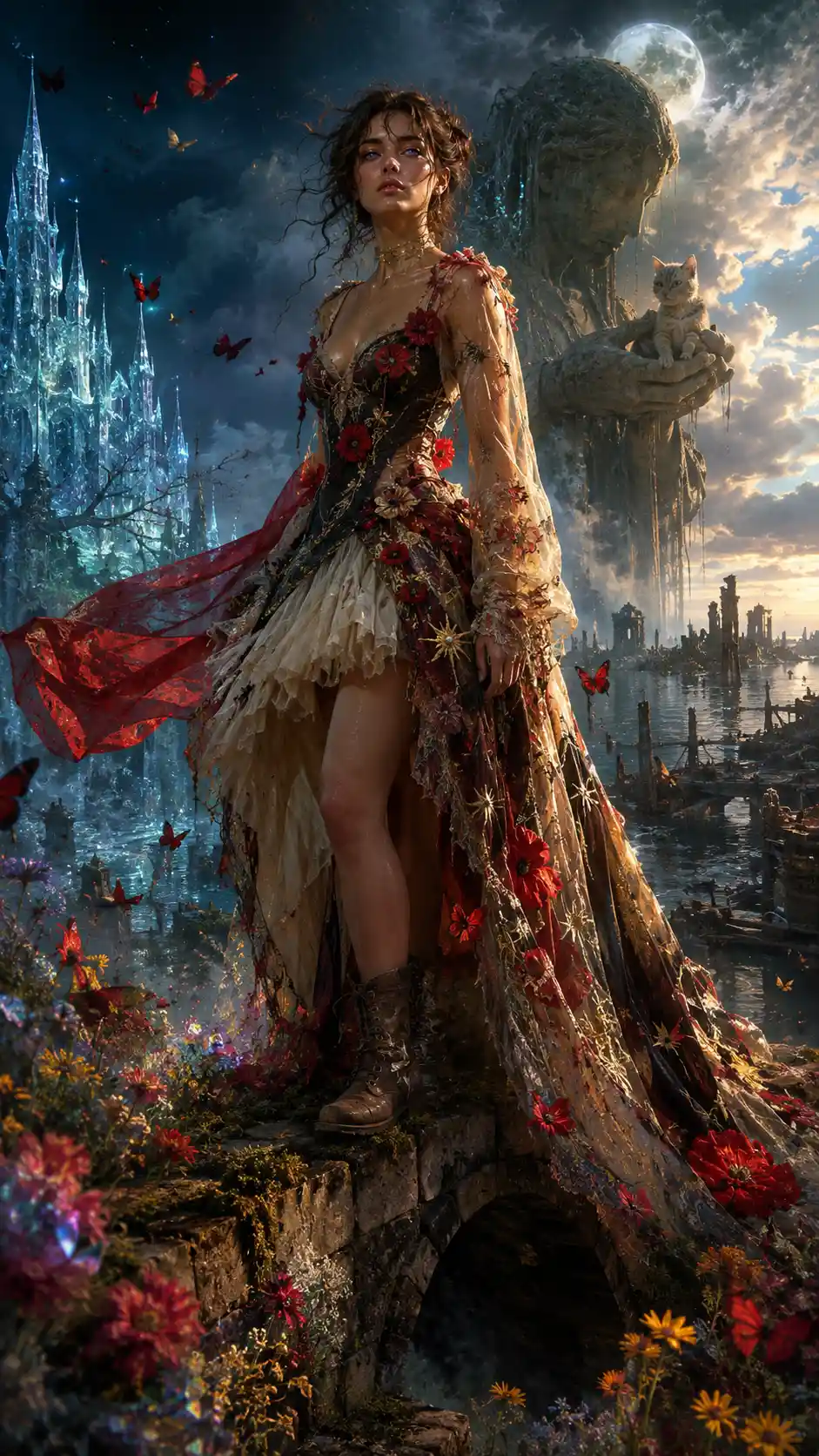 Mythic woman balancing on a crumbling stone bridge
