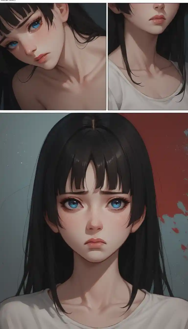 Sad anime girl with striking blue eyes in close portrait