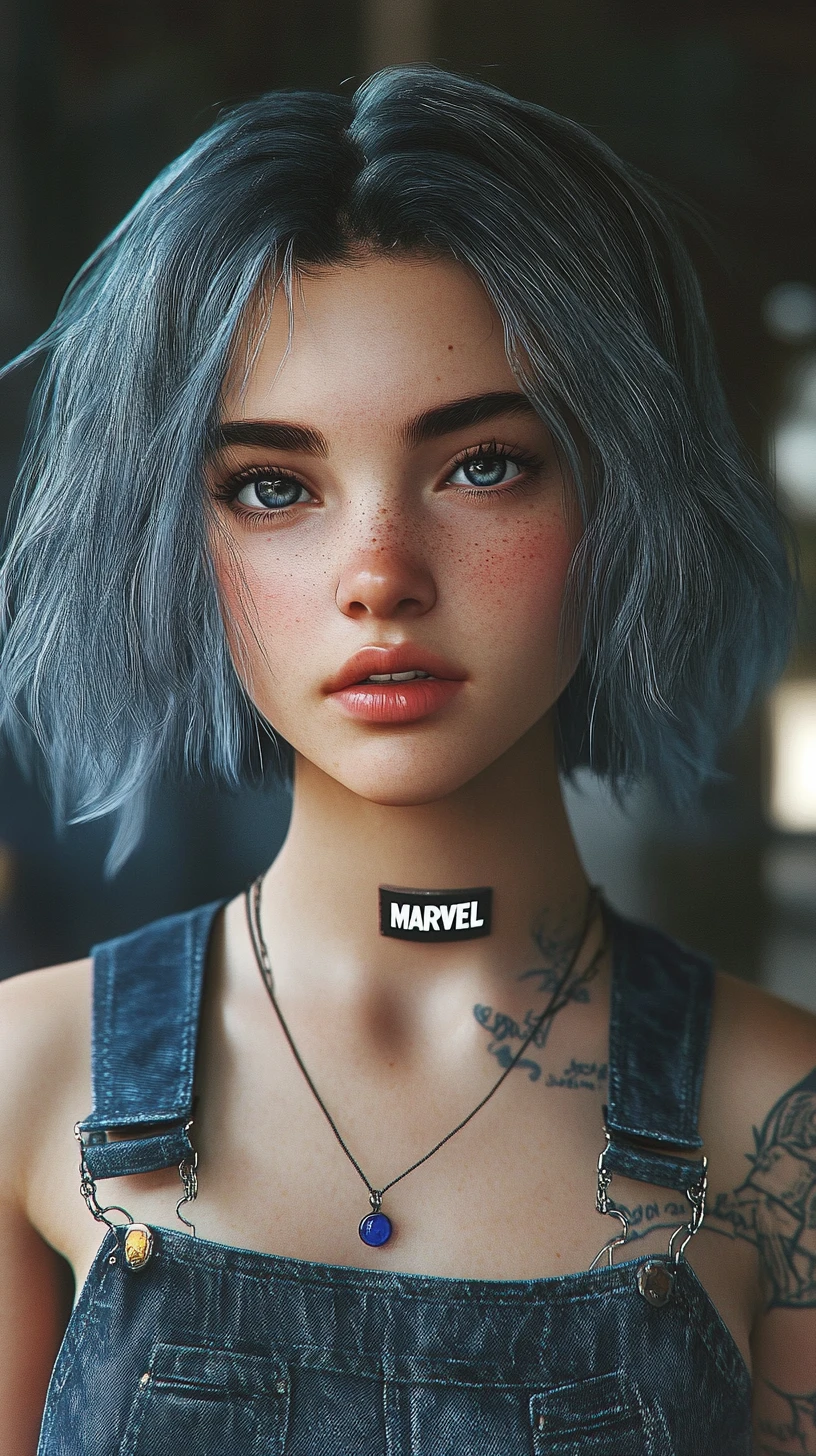 Young woman portrait with silver bob and blue pendant