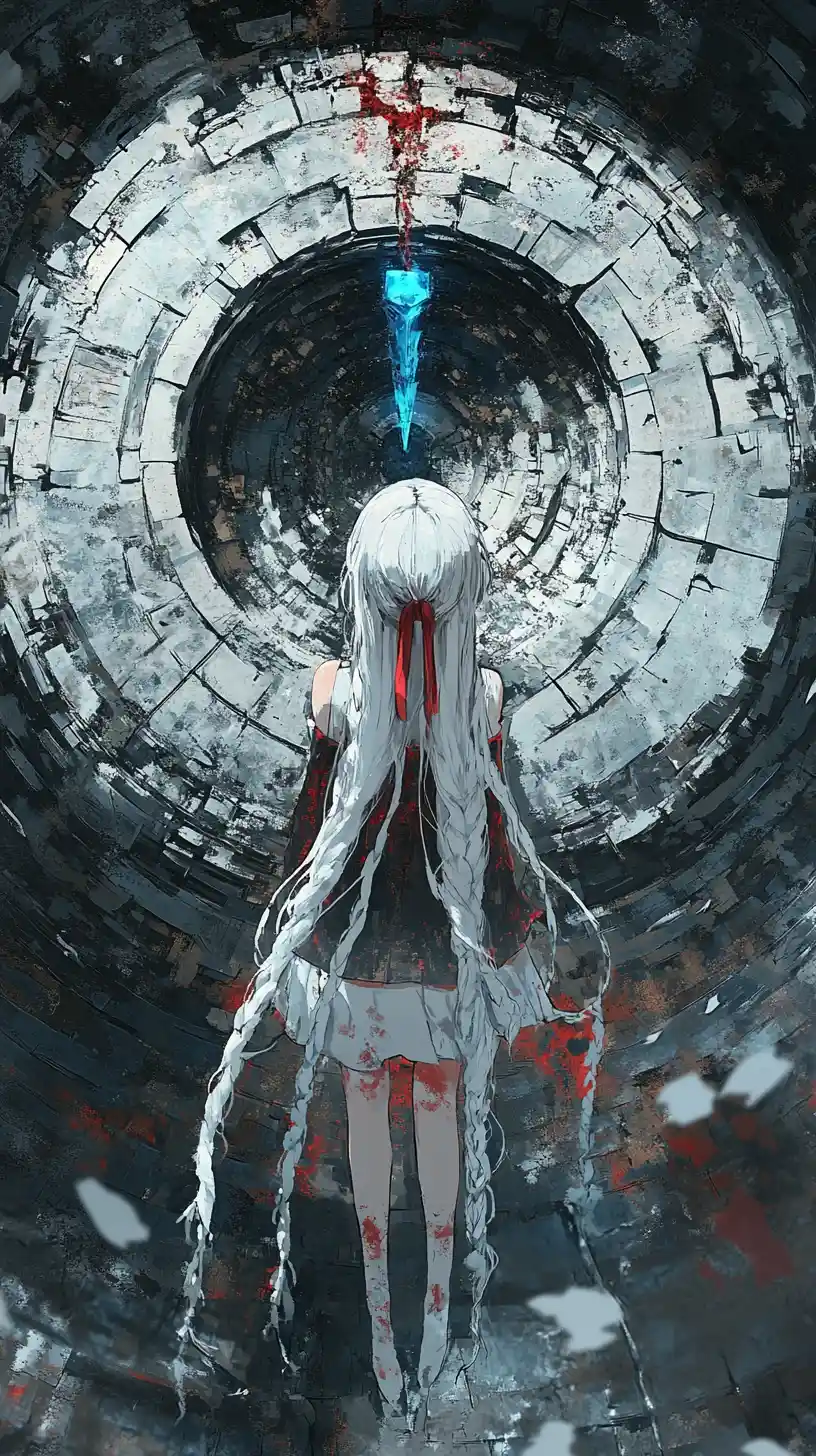 Anime girl in layered circular stone fantasy world