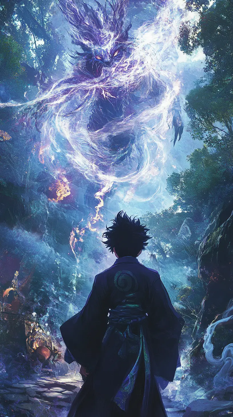 Young sorcerer confronting a powerful spirit in dark forest